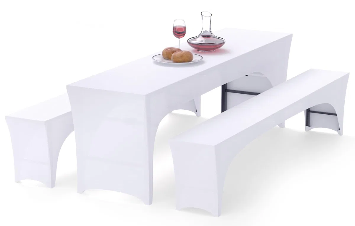 Alishomtll Set di 3 coperture elastiche per tavolo da birra, per tavolo da birra, banchetti, mobili da giardino, 220 x 70 cm, colore bianco