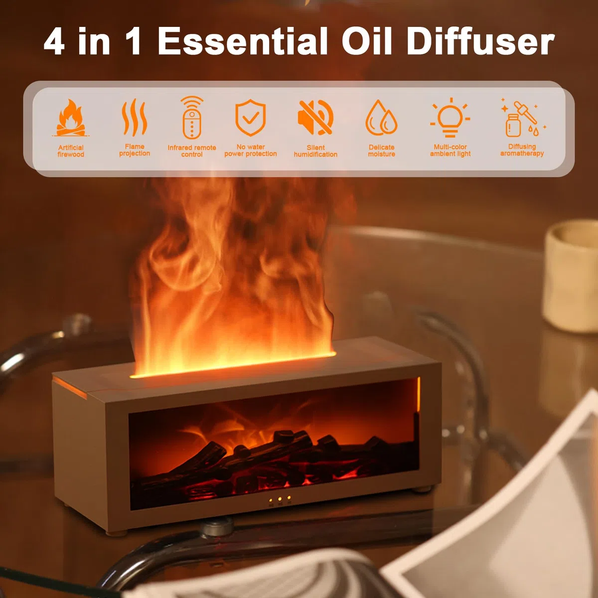 Diffusore di Oli Essenziali a Fiamma 3D, Umidificatore con Luce a Fiamma del Camino da 150ml con Timer, Protezione di Spegnimento Automatico, Luce Notturna LED a 7 Colori e Telecomando, Diffusore di