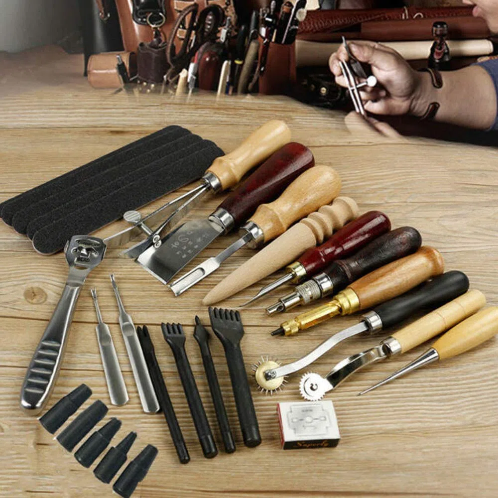18pcs in pelle carft punch strumenti kit cuciture intaglio lavoro cucito sella groover artigianale in pelle strumento fai da te ， perfetto per cucire punzonatura taglio cucito artigianale in pelle