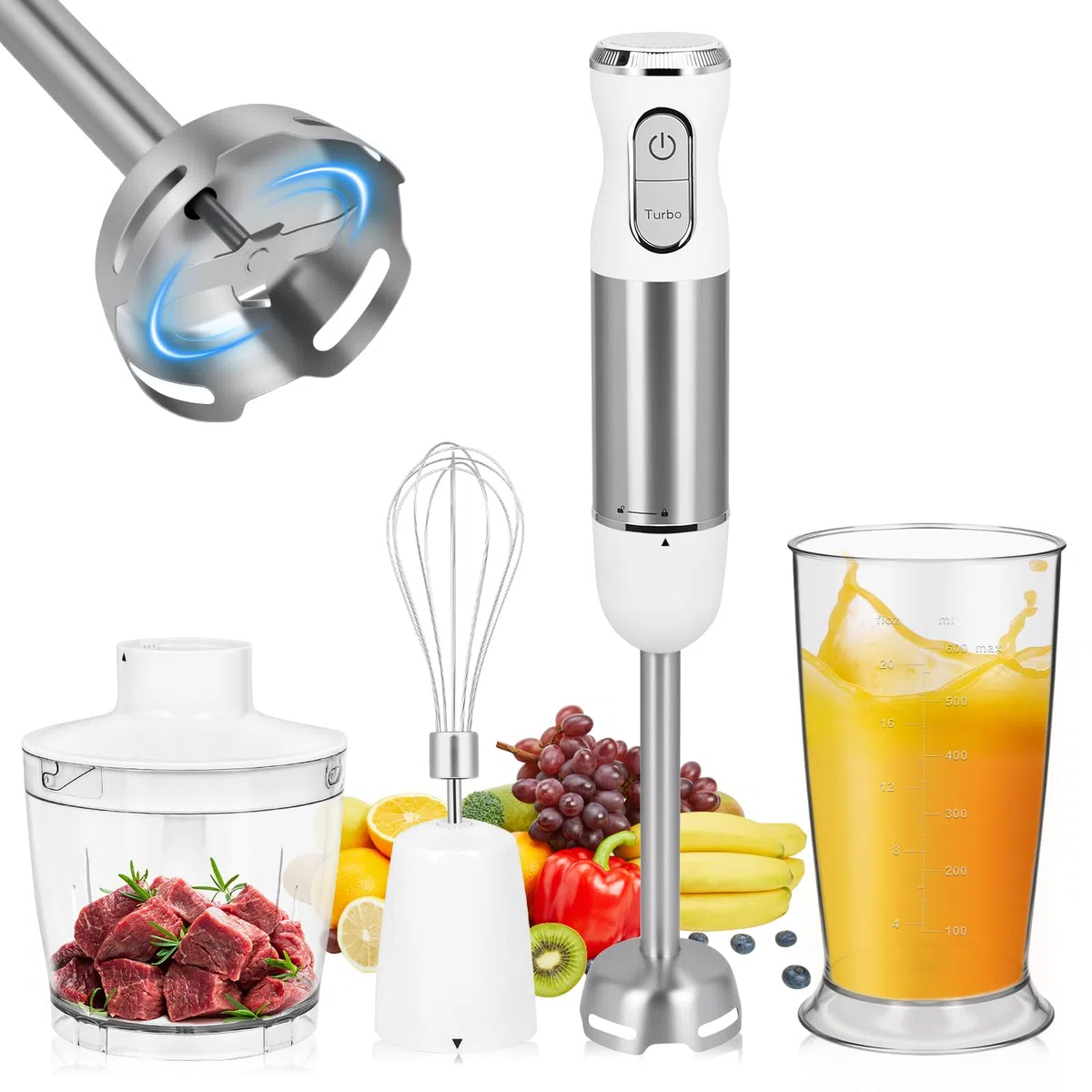Frullatore a Immersione Multifunzione 4 in 1, 1000 W minipimer professionale,con 30 Velocità e Modalità Turbo, con Frusta, Antispruzzo Design,Tritatutto da 500 ml e Misurino da 600 ml