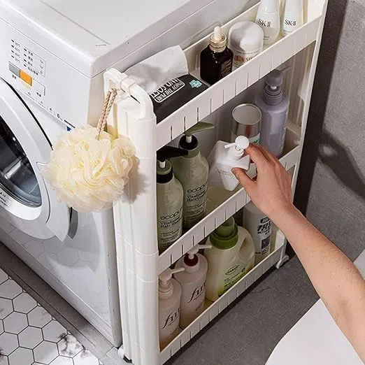 BAKUGO Carrellino Salvaspazio A Ruote Sottile A 3 Livelli, Organizzatore Di Scaffali Mobili Per Ufficio, Buanderia, Bagno, Cucina, In Plastica, Bianco, Larghezza 10cm