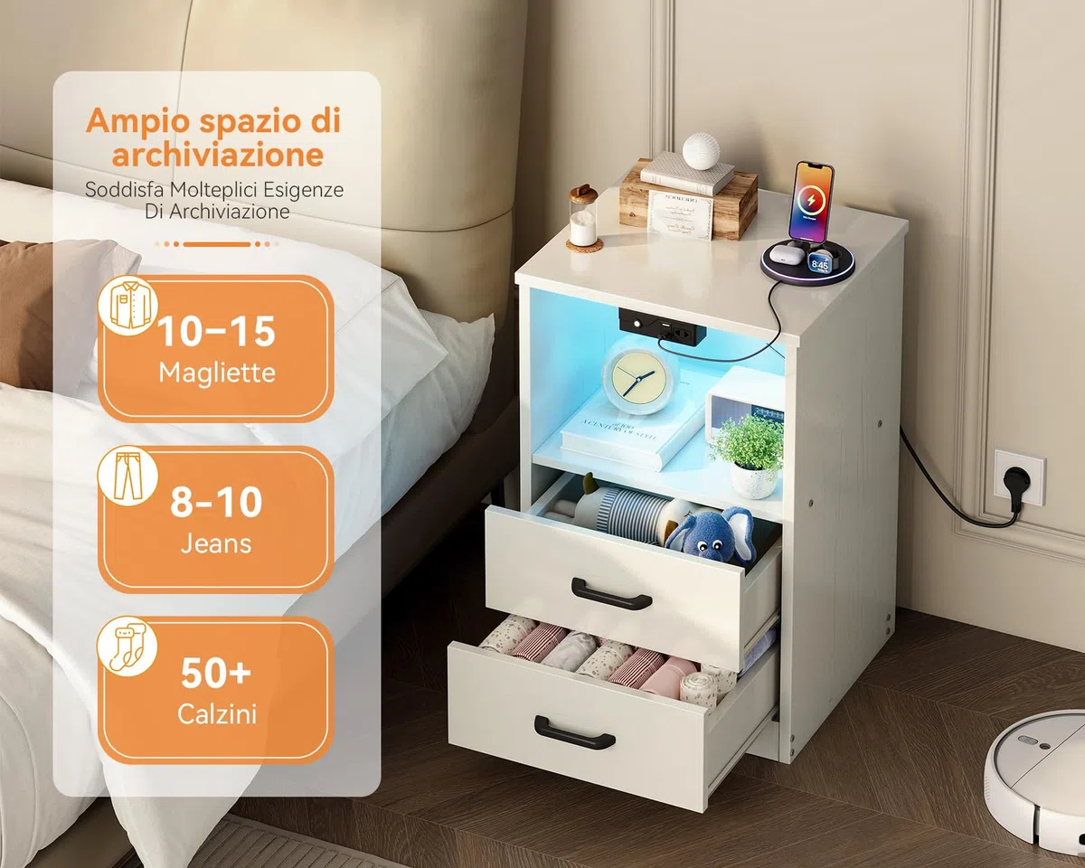 Coleshome Comodino Camera da Letto, Comodini con 2 Prese e 2 porte USB, con LED a 10 Colori, Comodino Bianco con 2 Cassetti in Legno e uno Spazio di Archiviazione, 1 Confezione