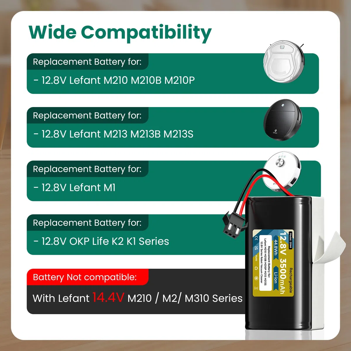 Batteria 12,8V 3500mAh per Lefant M210 / M210B / M210P / M213 / M213S, Batteria dell'aspirapolvere per OKP K2 (Not for 14,4V)