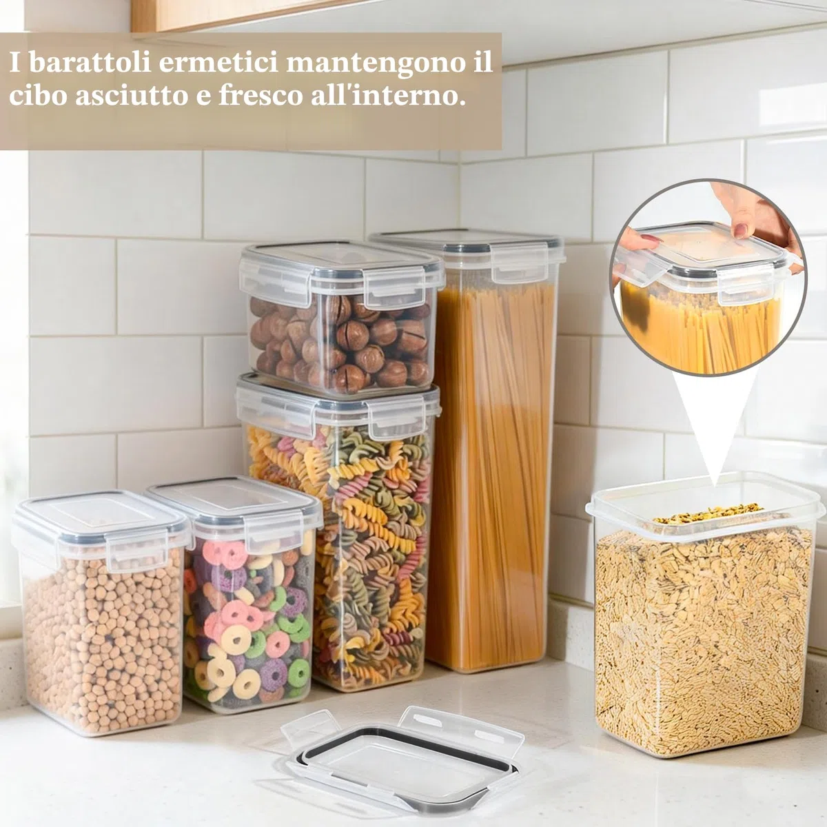 GoMaihe 8 contenitori alimentari da cucina, con chiusura ermetica, in plastica sigillata con coperchio, per conservare cereali, pasta, farina, cibo per animali domestici