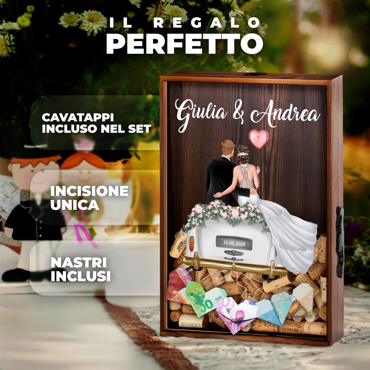 Maverton Raccoglitore Tappi Personalizzato per Matrimonio - Salvadanaio di Sughero - Scatola Legno Con Cavatappi e Porta Soldi - Busta Regalo - Regali Personalizzati Sposi