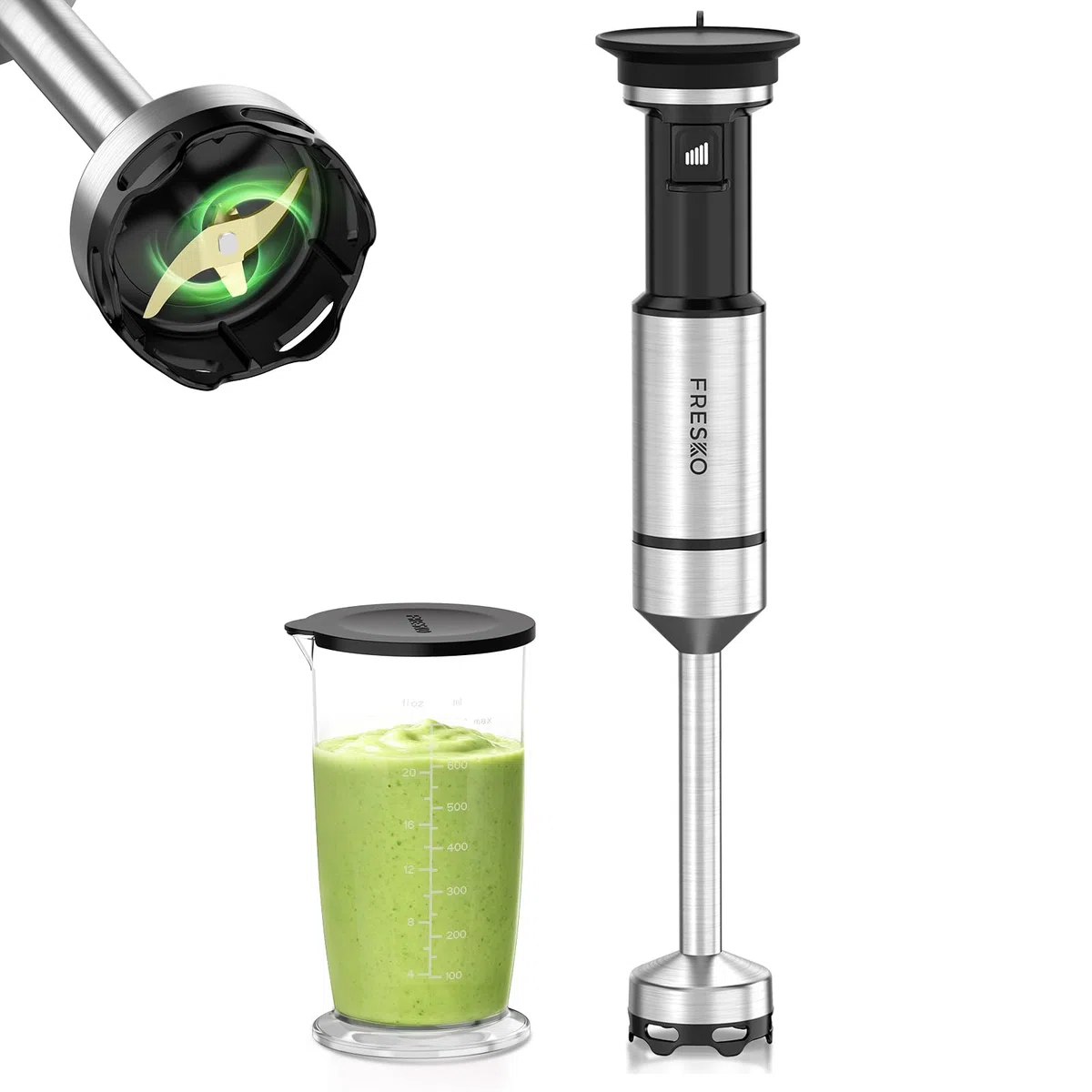 FRESKO Frullatore a Immersione 1000W, Asta in Acciaio Inox con Protezione Pentole, Bicchiere Dosatore 700ml, Velocità Variabili – per Pappe, Zuppe, Frullati, Purè, Salse