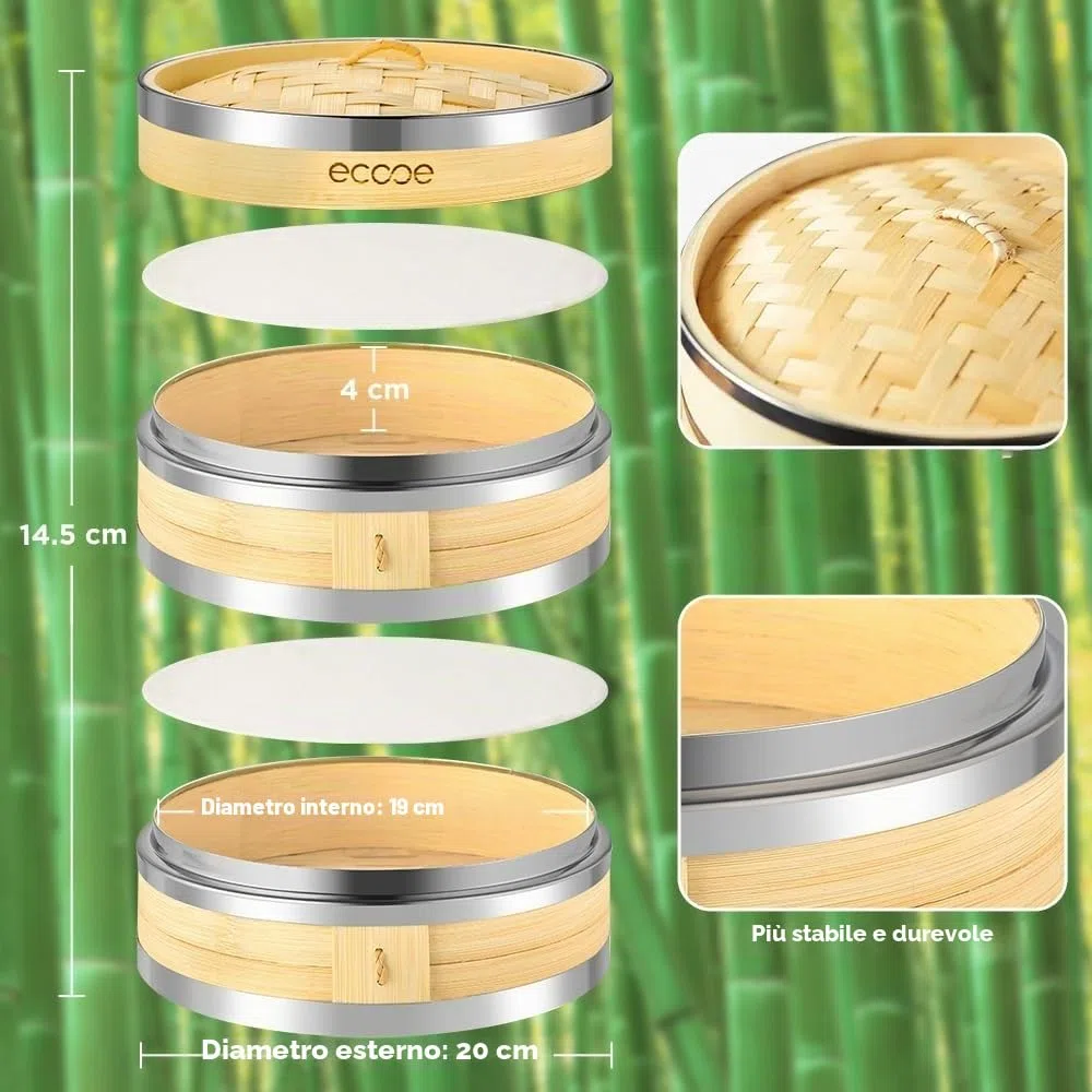 ecooe Cesto a vapore in bambù con 2 panni in cotone, vaporizzatore bambù per verdure, dim sum, pesce e carne (diametro 20 cm)