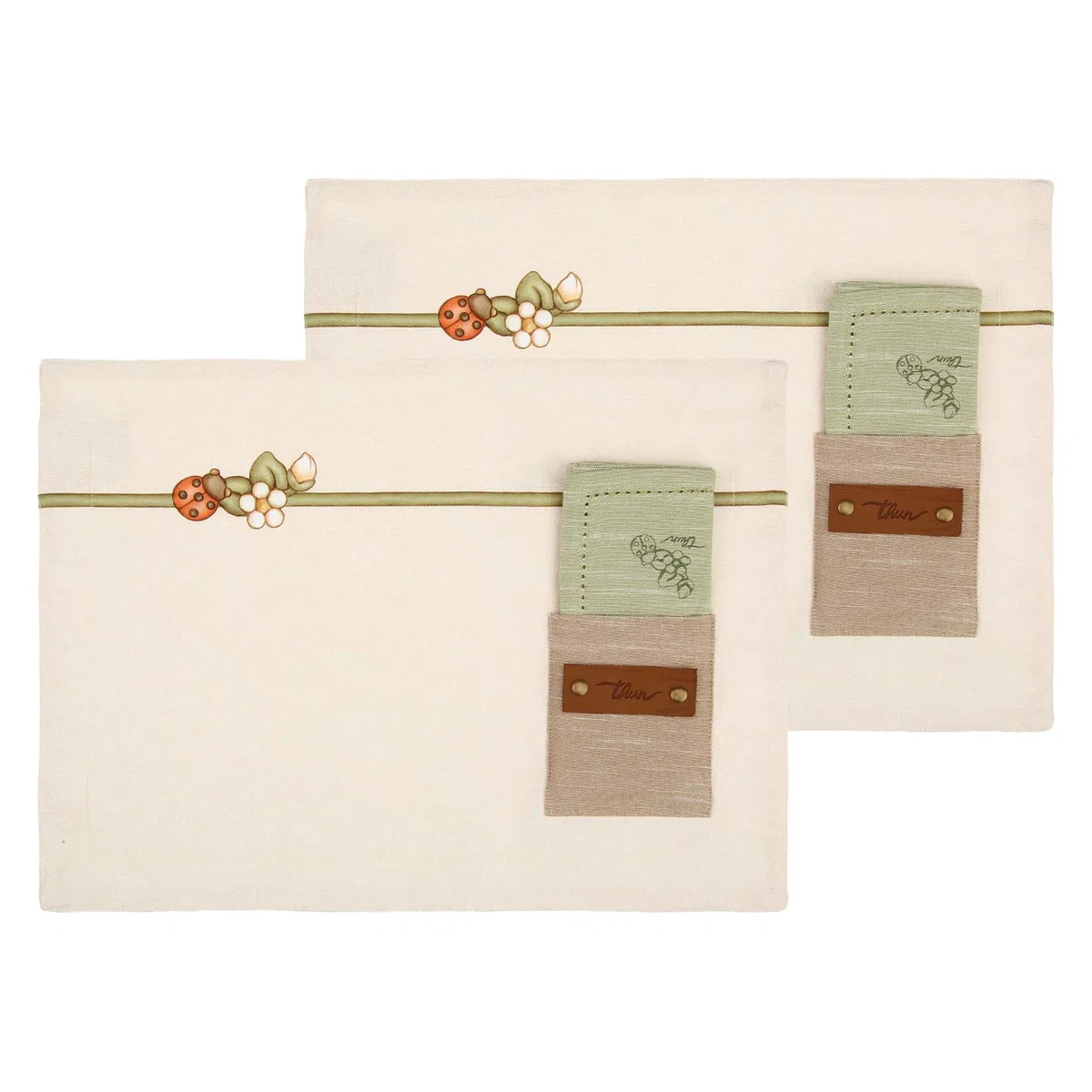 THUN Set 2 tovagliette con tasca e tovagliolo, 100% cotone, Collezione Country Bloom, tovaglietta 33 x 45 cm; tovagliolo 40 x 40 cm