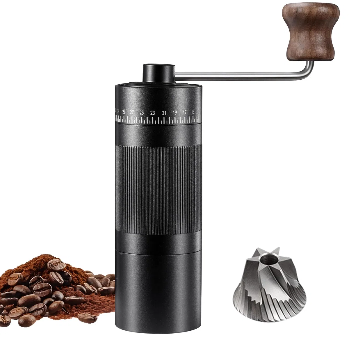 Kaffeemühle Manuell, Präzisem Edelstahlmahlwerk mit 50 einstellbaren Mahlgradeinstellungen Kunststofffreie Espresso-Kaffeemühle mit Holzgriff Design für den Einsatz zu Hause, im Büro und auf Reisen