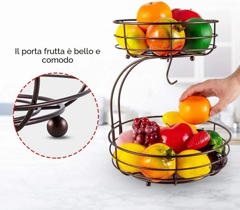 Cestino per Frutta a 2 Ripiani Con Porta Banana, per Verdura, in Metallo, per Tutti i Giorni, per la Cucina, in Bronzo