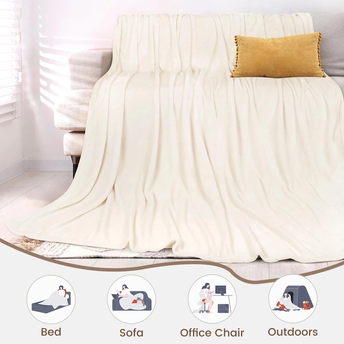 berssen Coperta Plaid - 200 x 230 CM - Bianco Avorio Winter Blanket - Coperta Divano, Morbida, Accogliente, Nessun Odore, Lavabile in Lavatrice, Adatto per l'Autunno e l'Inverno, Antistatico