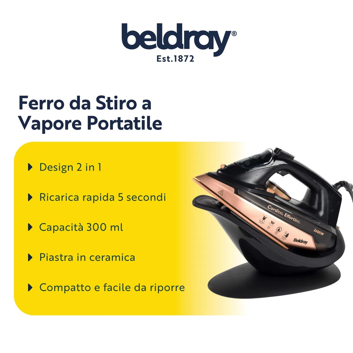 Beldray Ferro da stiro a vapore portatile 2 in 1 - Grande stazione a vapore senza fili, piastra in ceramica, serbatoio dell'acqua da 300 ml, uso con cavo/senza fili, 2600 W, BEL0747NRGFVDE