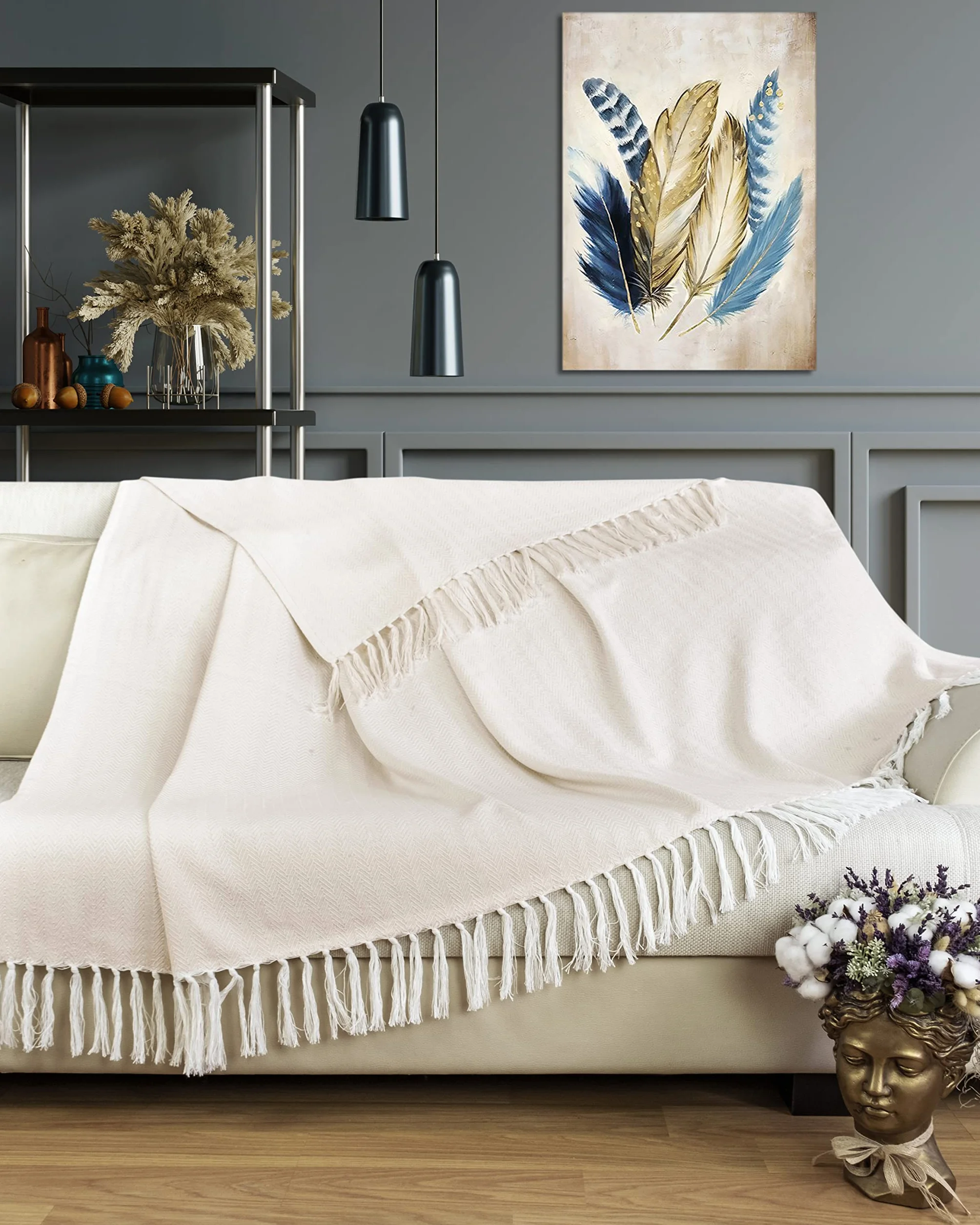 Gräfenstayn Premium Copriletto con frange - 100% cotone - 220 x 240 cm XXL - Coperta estiva a spina di pesce - Coperta di cotone come coperta da letto, coperta da divano (Crema)