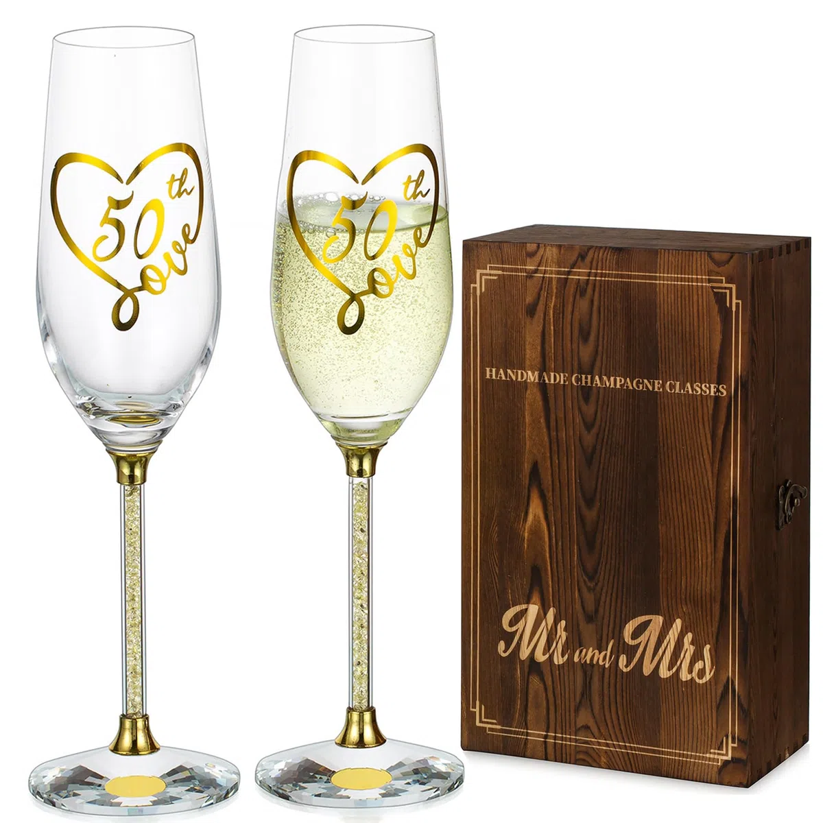 Nuptio 50 Anni Matrimonio Regalo: Set 2 Dorati Bicchieri Champagne con Scatola Legno Champagne Flute per Genitori Coppia Mamma Papà