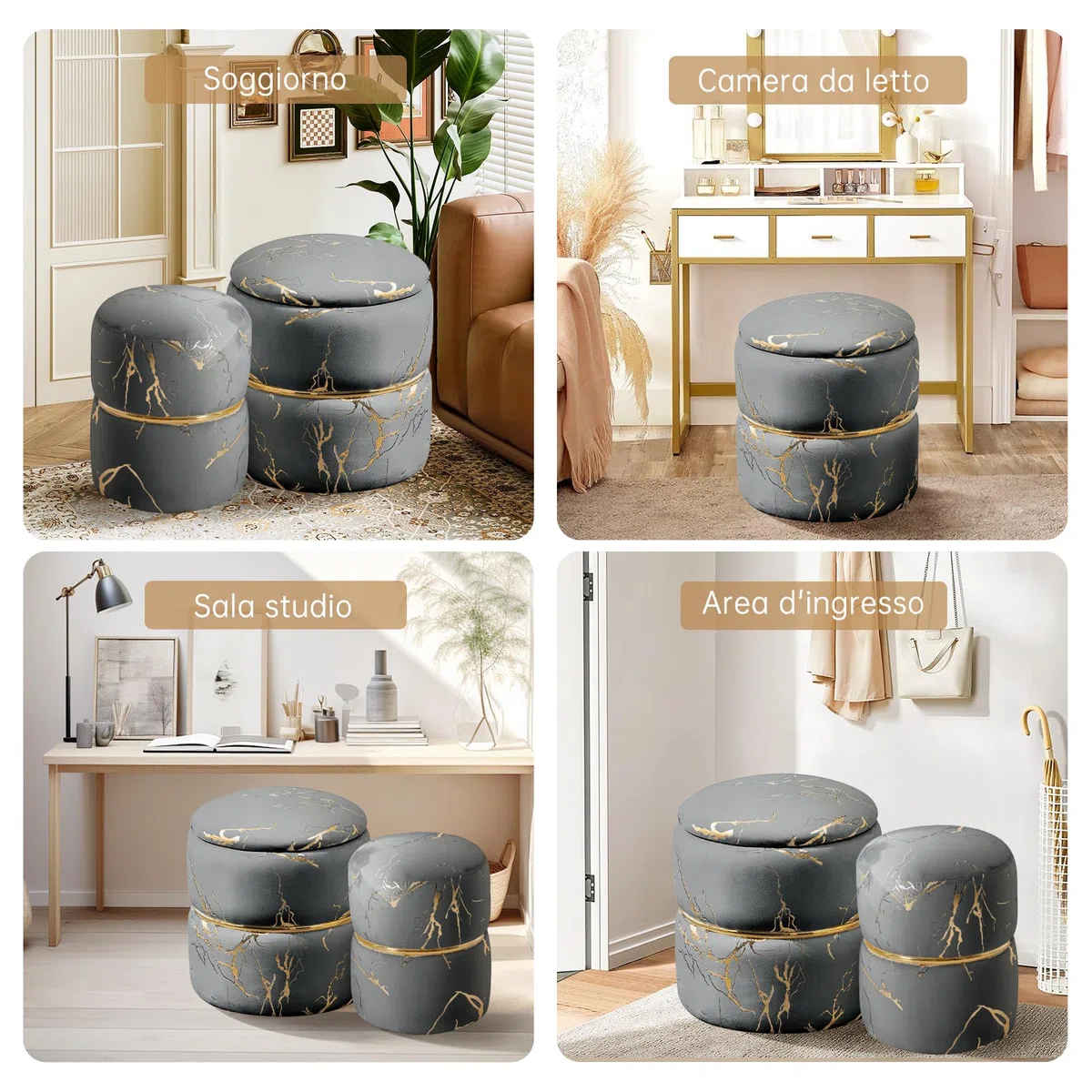 Set 2 Sgabelli Contenitori Rotondi con Seduta Imbottita, Poggiapiedi, Sgabello per Toeletta Trucco, Grigio Velluto