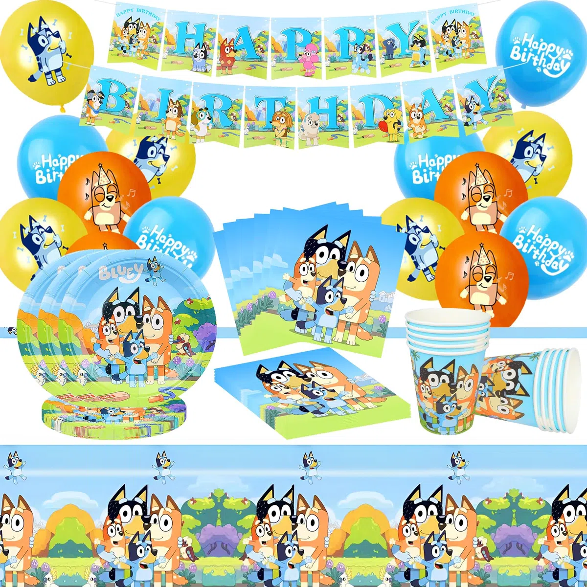 Bluey Decorazioni per Feste di Compleanno, 60 Pezzi Set di Stoviglie per Festa di Compleanno Bluey, Inclusi Tovaglia, Piatti, Tazze, Striscione, Palloncini, Tovaglioli