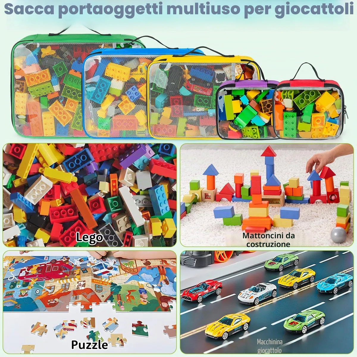 Sacchetti per riporre giocattoli compatibili con mattoncini Lego, 5 pezzi organizer da viaggio per giocattoli per bambini blocchi da costruzione, macchinine giocattolo, puzzle con tasca a rete e tasca