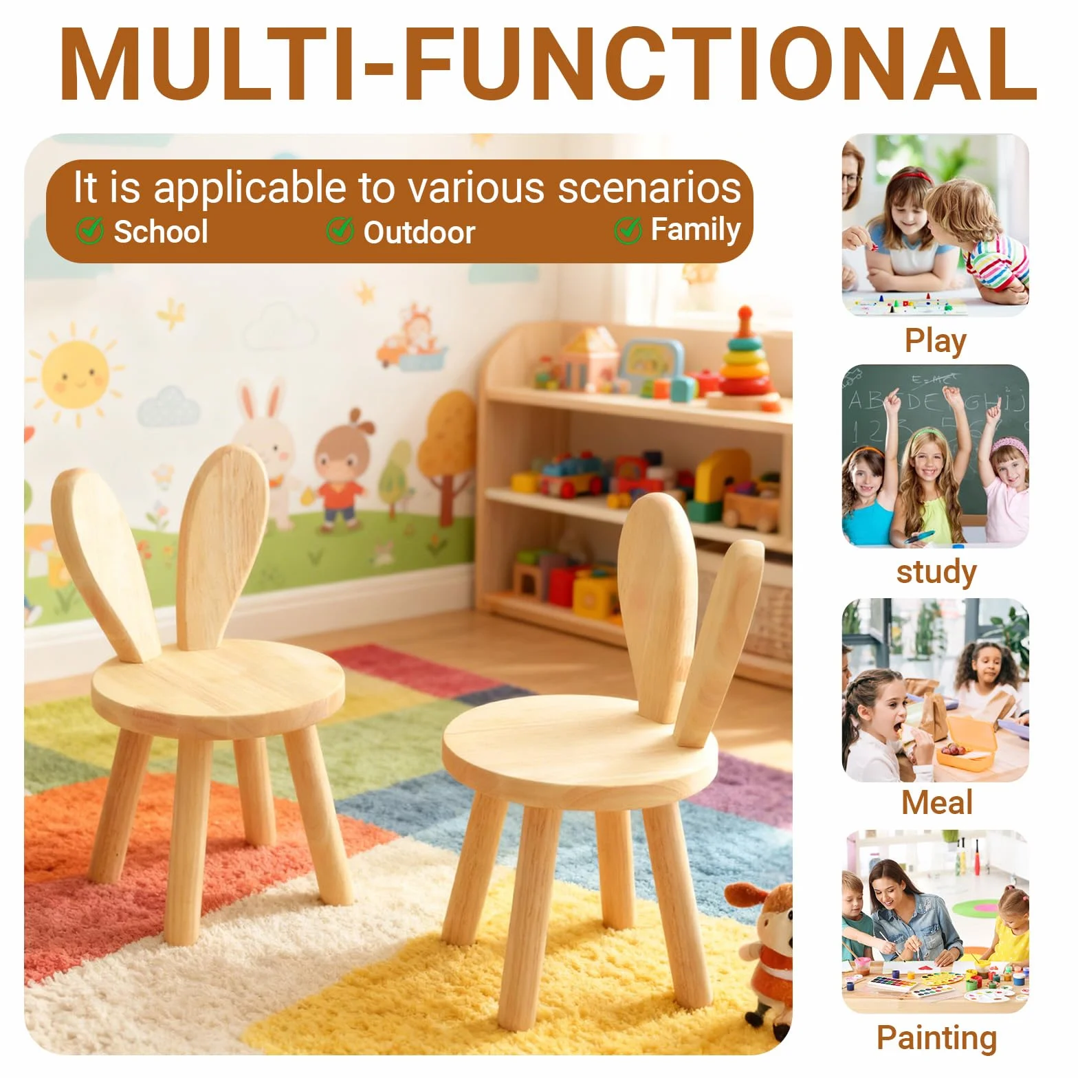 Sgabello Bambini in legno dai 3 anni in su, in legno massiccio, sedia bambini per cameretta dei bambini, 45 x 26 cm, con orecchie di coniglio, schienale per bambini, in legno, per mangiare, leggere