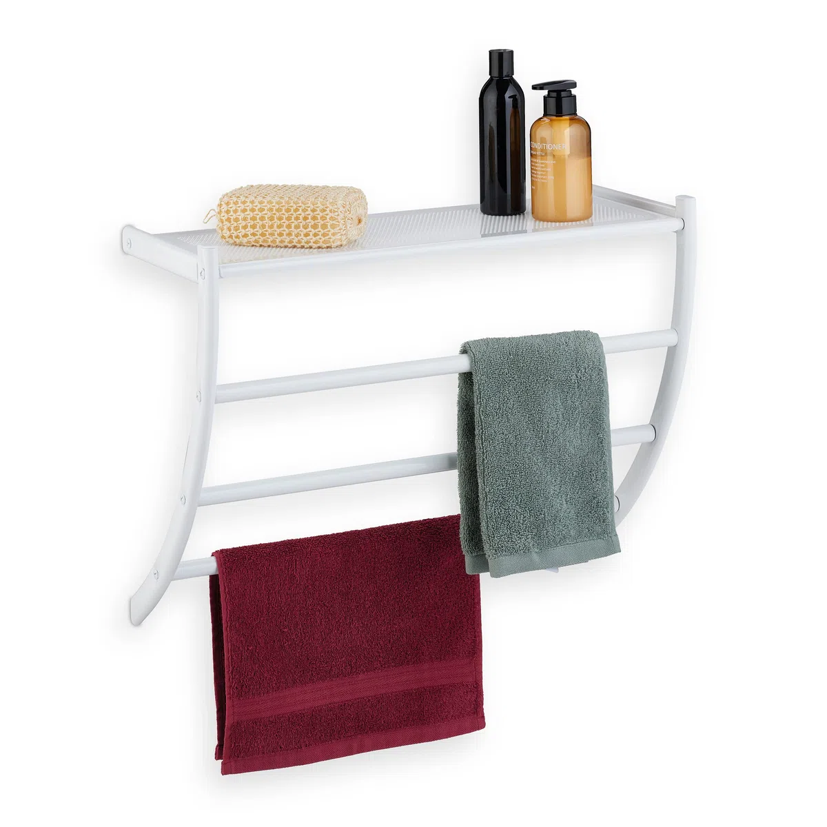 Relaxdays Portasciugamani da Parete, HLP 44x56,5x23 cm, Mensola da Bagno con 3 Aste per Asciugamani e Ripiano, Bianco