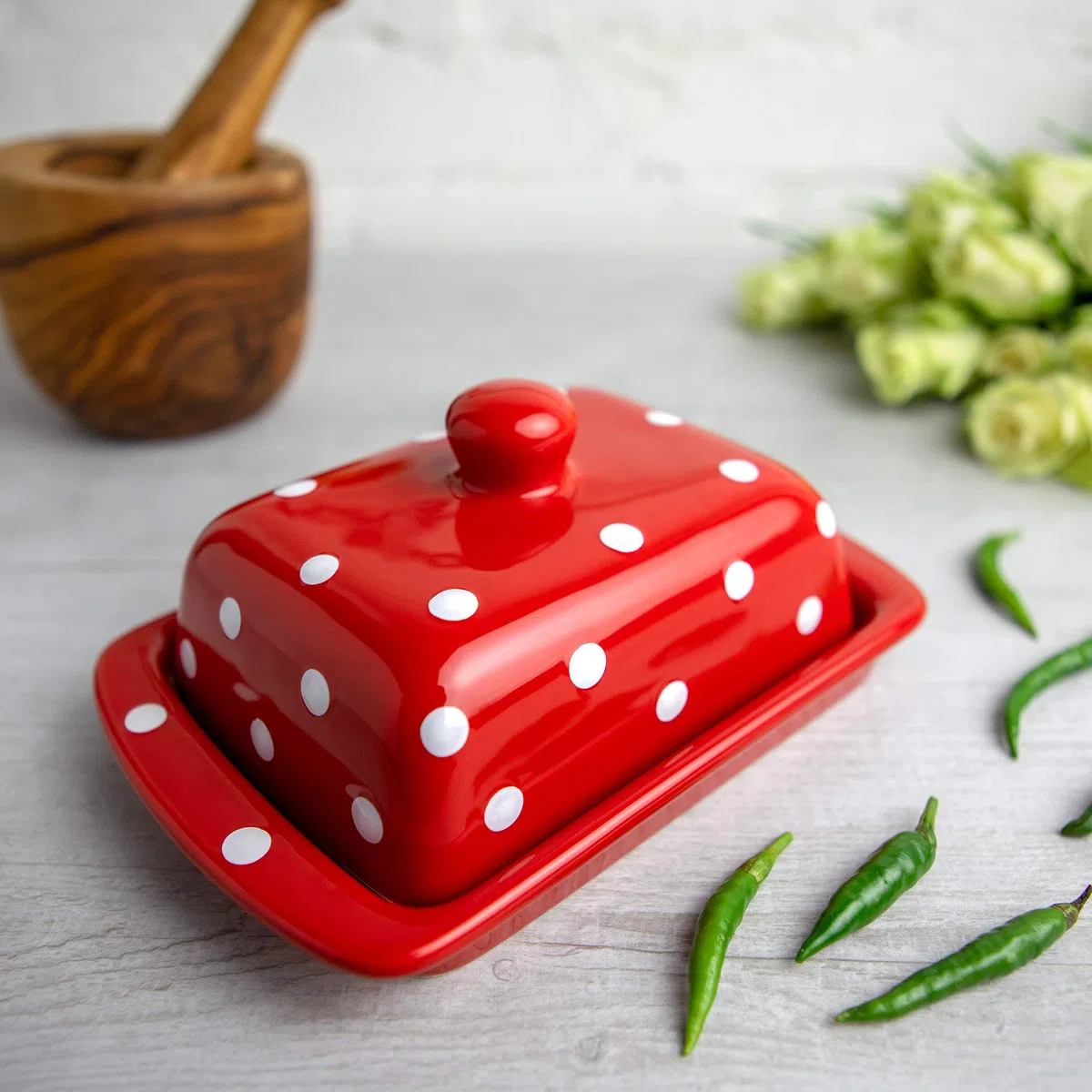 City to Cottage Portaburro con Coperchio Contenitore per Burro in Ceramica in Fantasia a Pois Rosso e Bianco Burriera Realizzata e Dipinta a Mano