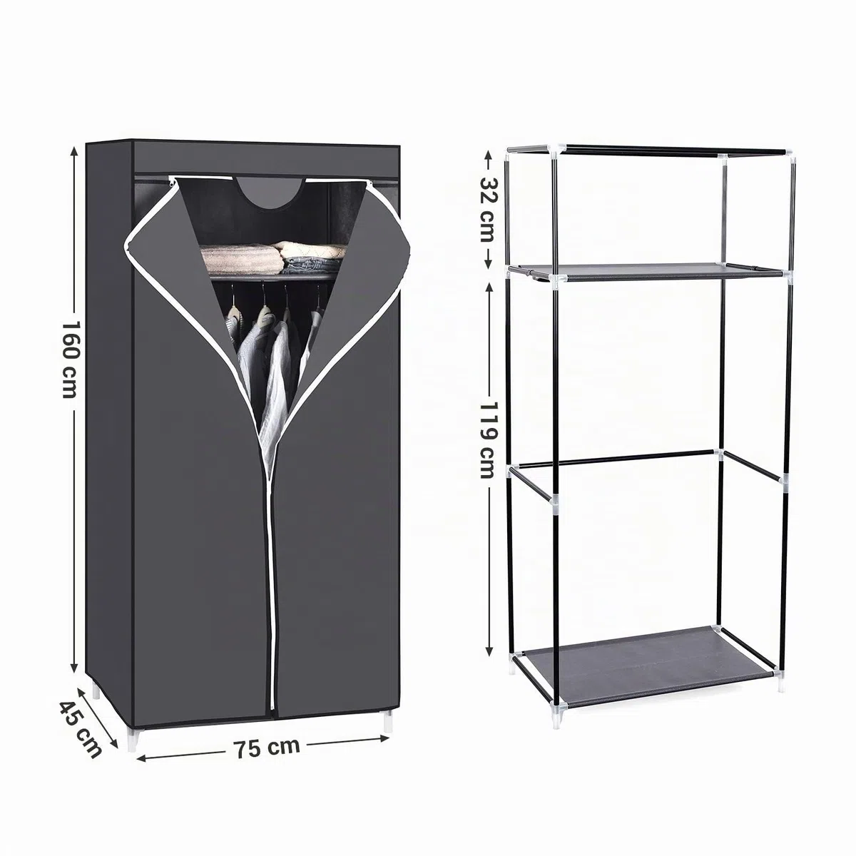 SONGMICS Armadio in tessuto, armadio pieghevole con asta di sospensione, armadio semplice, organizer per giocattoli, scarpe, borse, soggiorno, camera da letto, guardaroba, 75 x 45 x 160 cm, grigio