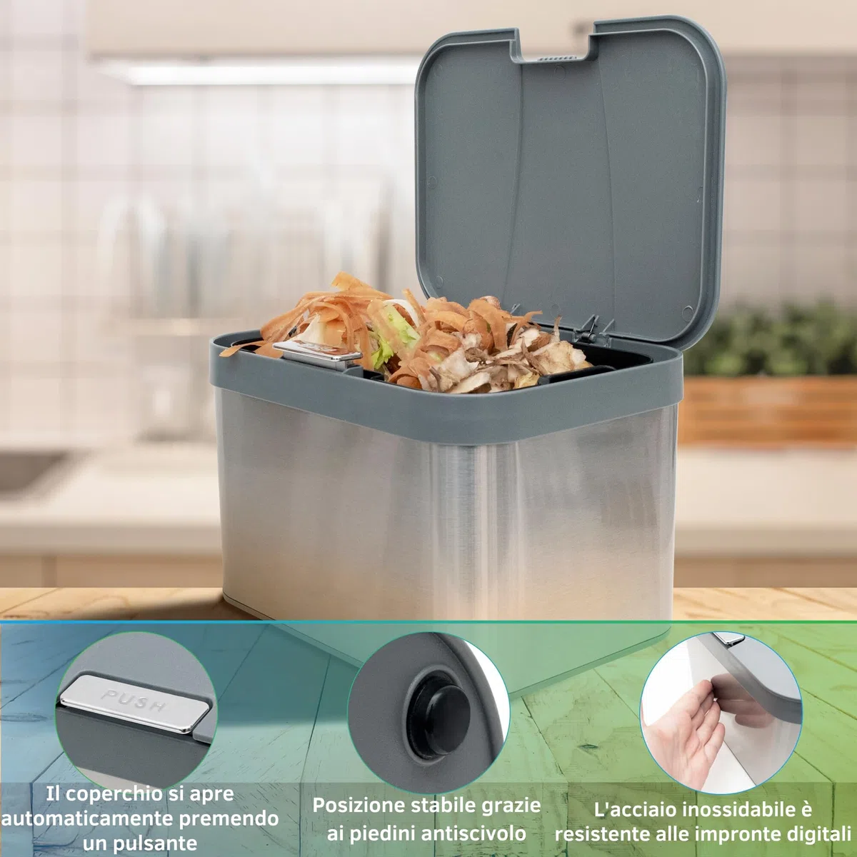 YourCasa Pattumiera per compost 4,3 l per rifiuti organici quotidiani in cucina inserto interno lavabile in lavastoviglie inodore e lavabile in acciaio inox biologico con coperchio (grigio)