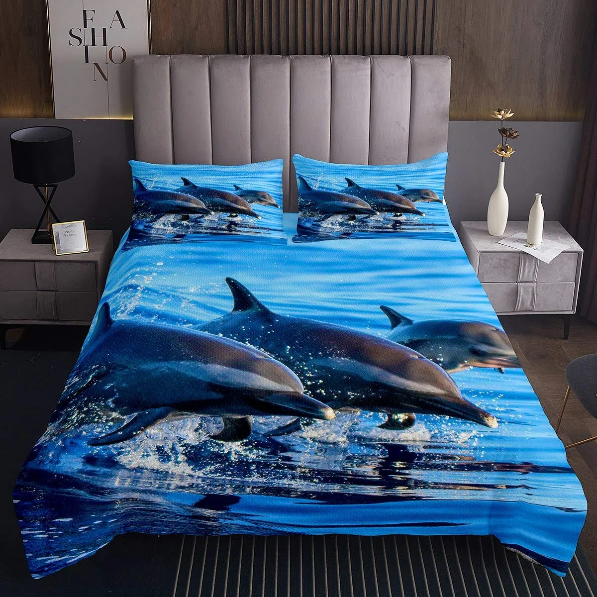 Set Copriletto Trapuntato per Bambini con Tema Delfino, Carini Animali Marini, Copriletto Trapuntato per Camera dei Bambini, Ragazzi e Ragazze, Blu, Motivo Vita Marina Hawaiana, Biancheria da Letto