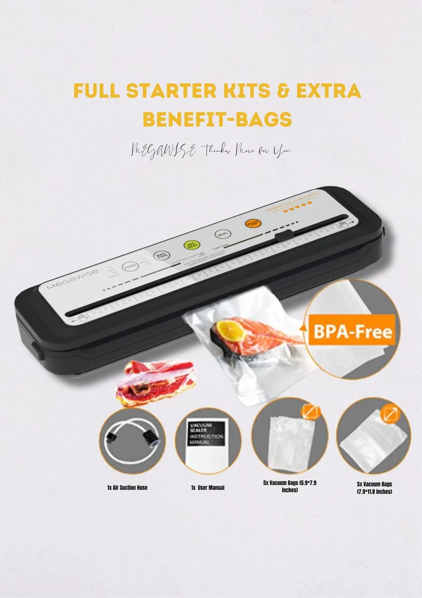 Macchina per sottovuoto MegaWise – Modello 2025, aspirazione potente 80 kPa, sigillatura automatica One-Touch, salva-alimenti compatto con taglierina integrata, 10 sacchetti di avvio inclusi - Argento