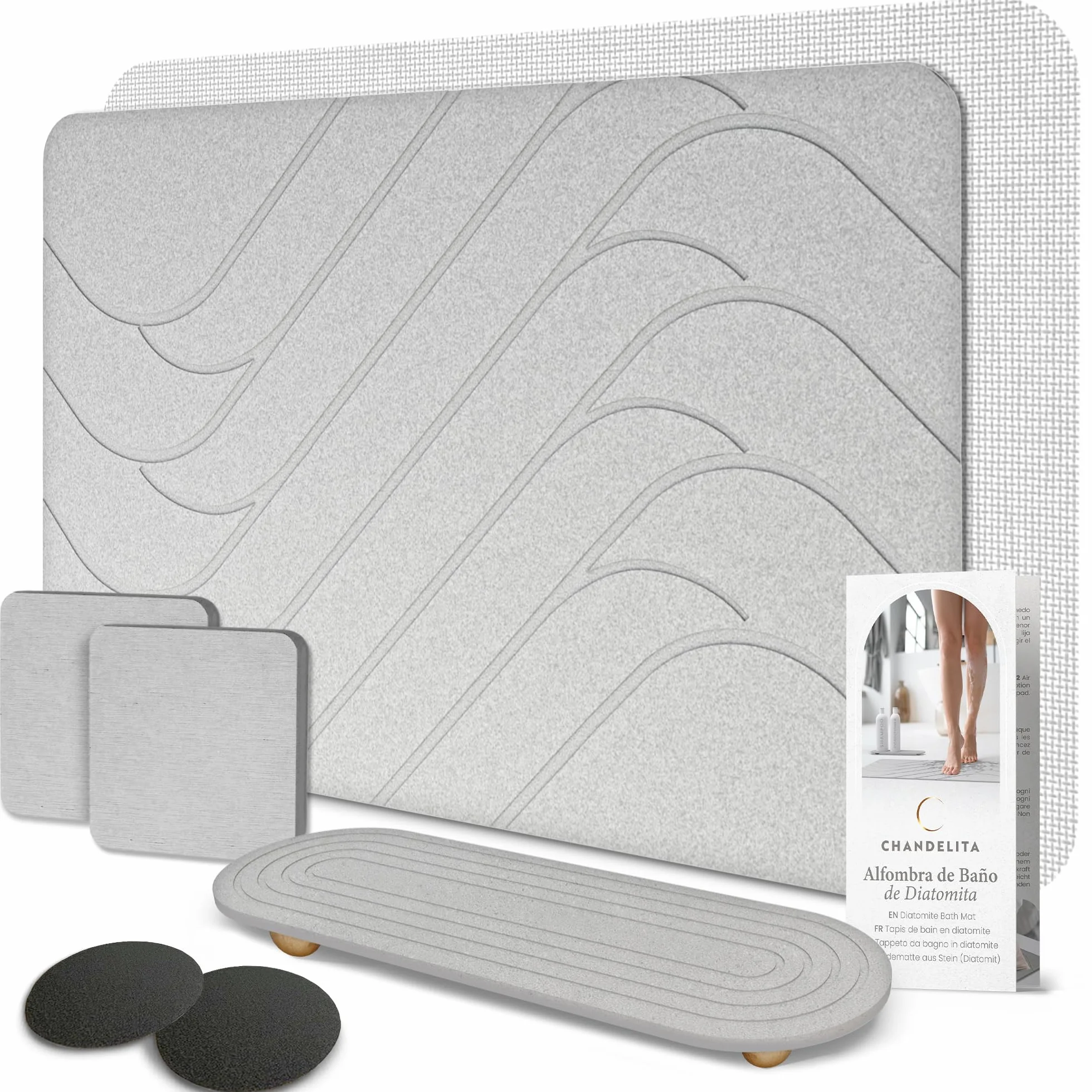 Tappeto Bagno Diatomite 60×39 cm ad Asciugatura Rapida – Set con Accessori, Antiscivolo, Igienico e Assorbente – Tappeto Diatomite Bagno Ideale per Doccia e Bagno Moderno