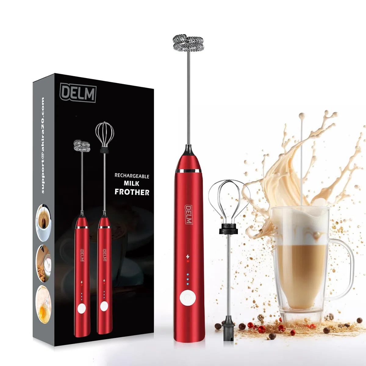 Delm Montalatte elettrico USB Accessori Frullatore in acciaio inossidabile (rosso)