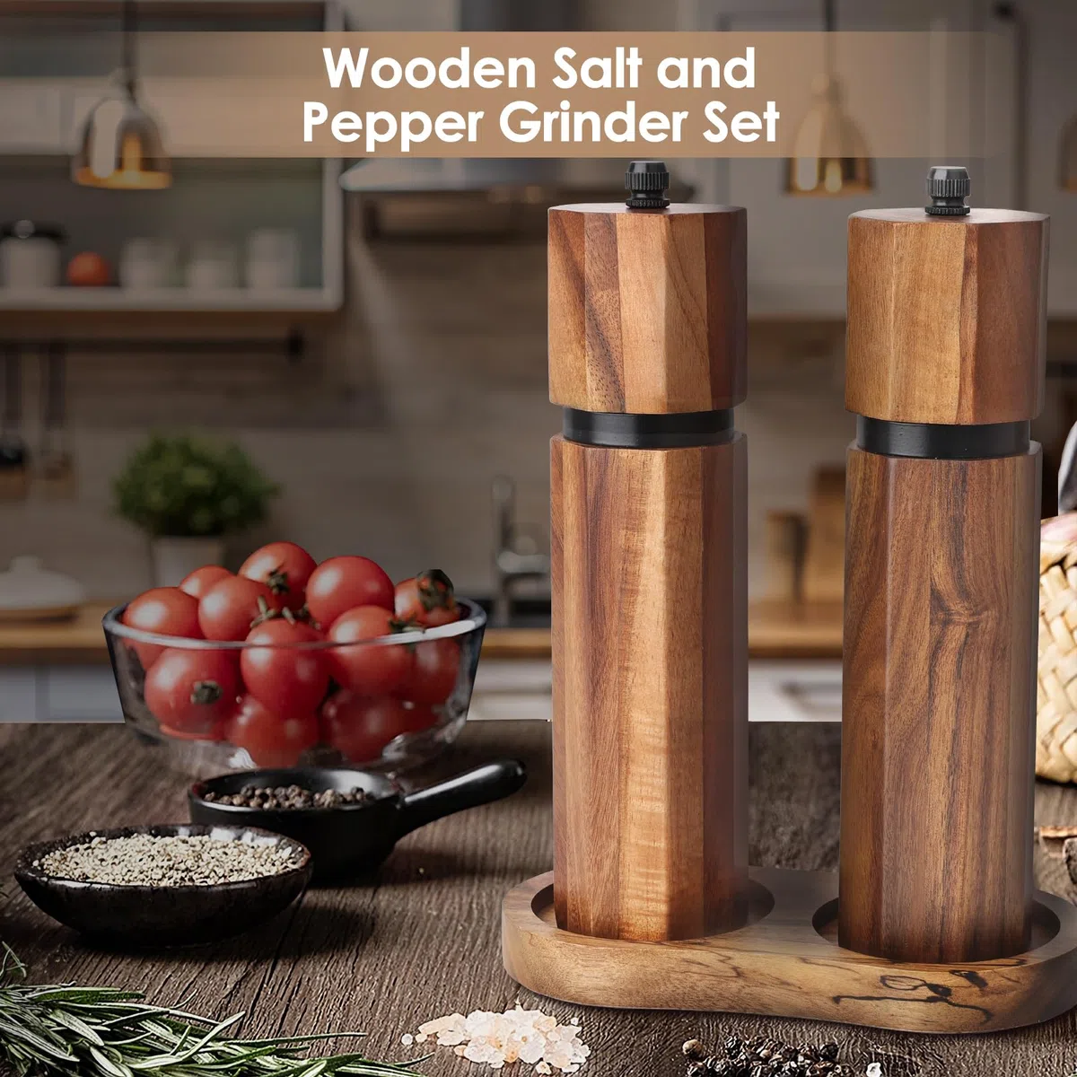 Set in Legno Macina Sale e Pepe​ con Vassoio, Macinapepe Manuale​ da 20 cm Regolabile, Nucleo in Ceramica, Design Ottagonale