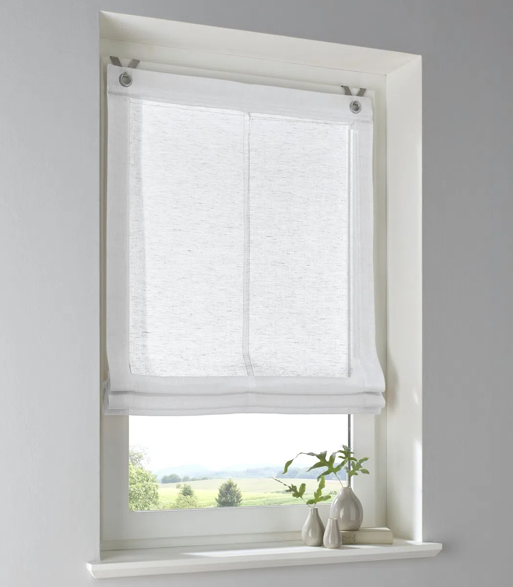 Tenda a rullo con occhielli Brondy, colore bianco semitrasparente, effetto lino con ganci senza foratura, larghezza 80 cm x altezza 140 cm