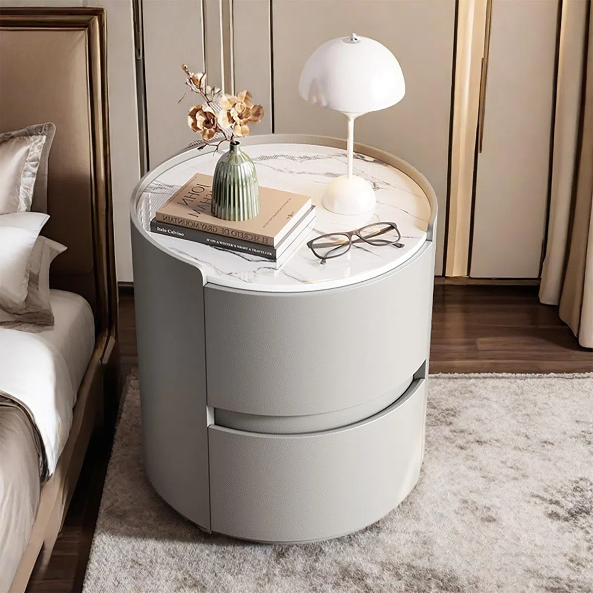 Comodino rotondo con piano in marmo, moderno, comodino in pelle, con 2 cassetti in legno massiccio, per camera da letto, soggiorno, grigio, 40 x 40 x 50 cm