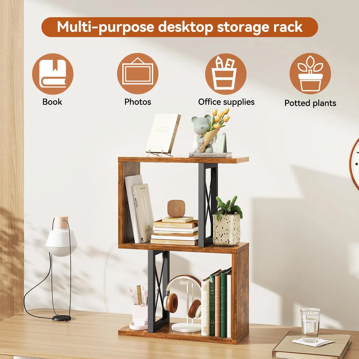 IBUYKE Libreria da tavolo, scaffale a 3 ripiani, organizer per ufficio/dormitorio, scaffale da scrivania solido TMZ011H