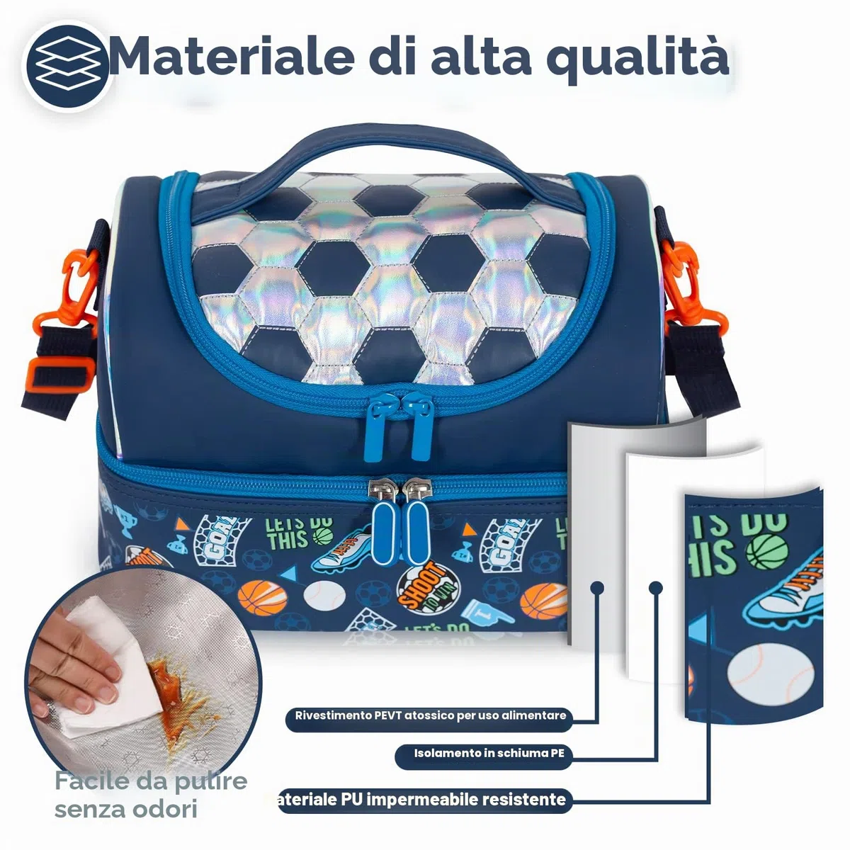 PinkSheep Borsa termica per il pranzo a due piani per bambini, grande, per ragazzi, ragazze, uomini, donne, con tracolla regolabile, unicorno (Calcio)