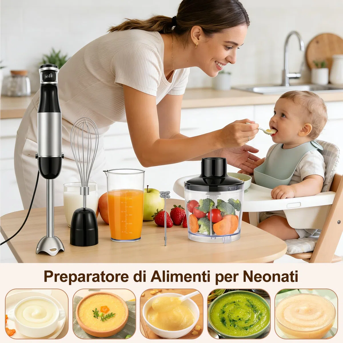 1000 W Frullatore a Immersione, 5 in 1 Frullatore Tritatutto Multifunzionale Con Velocità Regolabile, Include Frusta, Montalatte, Tritatutto da 500 ml e Misurino da 600 ml