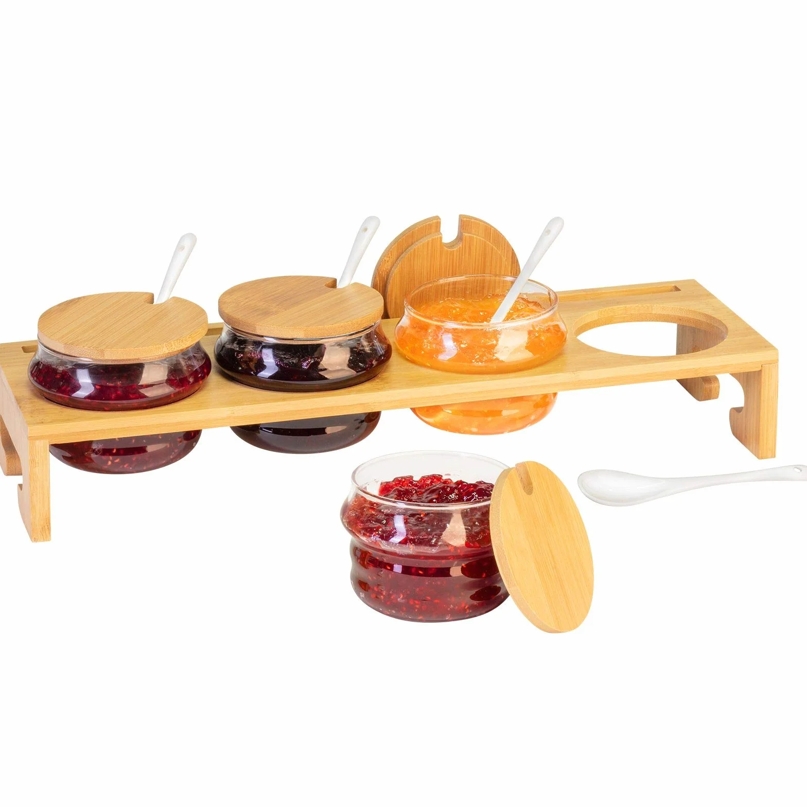 Westmark Set per marmellate/spezie, 13 pz., 1 base + 4 contenitori + 4 coperchi + 4 cucchiai, Larghezza: 38,5 cm, Bambù/Vetro/Ceramica, Tapas + Friends, Marrone chiaro/Bianco, 69902260