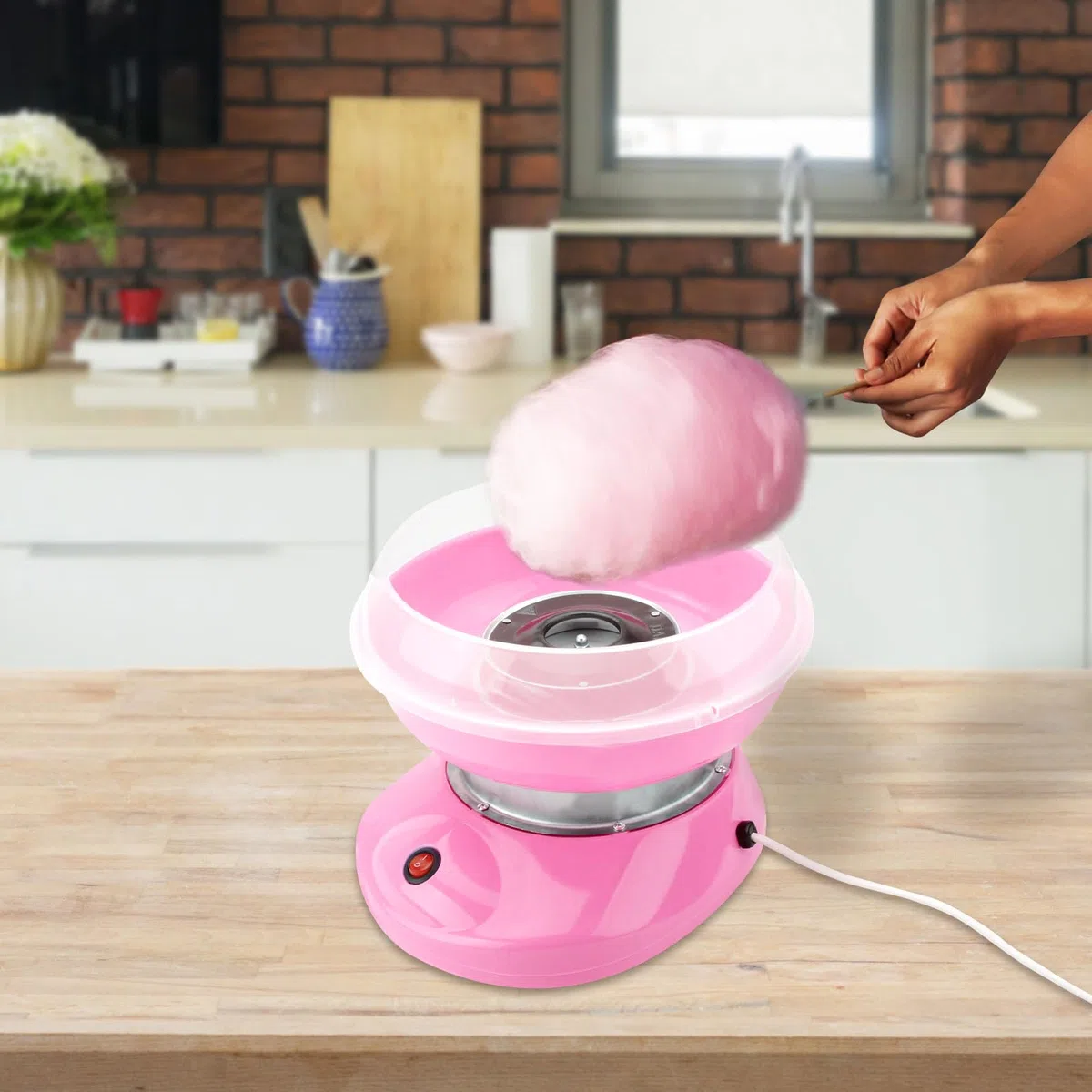BRISKORE Macchina per zucchero filato per bambini, in cotone, per zuccheri filati, set con 10 bastoncini e 1 cucchiaio dosatore rosa, per la casa, il compleanno dei bambini