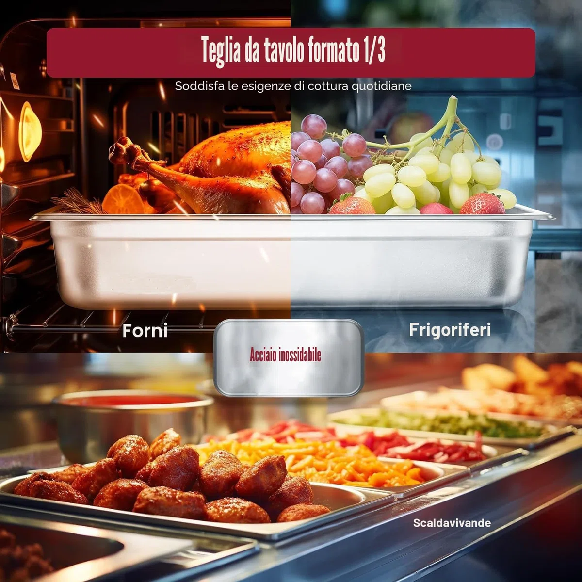 Set ciotole per impanare 3 pezzi, Contenitore GN 1/3, Contenitori acciaio con coperchio, 32,5 x 17,5 x 6,5 cm, cotoletta carne - linea per impanare in metallo rettangolare