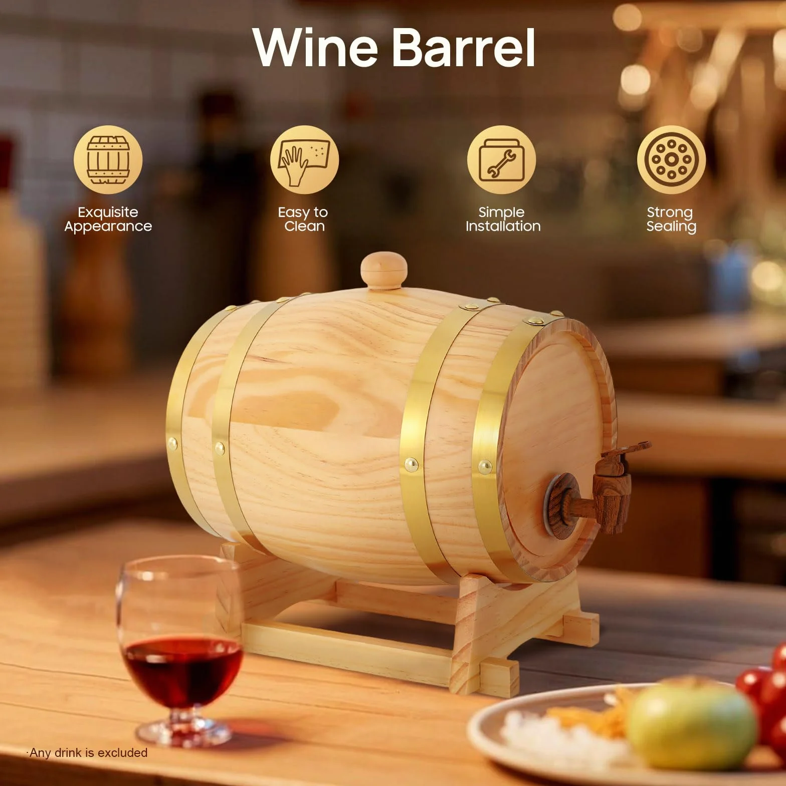 Botte di vino da 3 l con supporto e rubinetto Log Color Barile di legno per whisky adatto per la conservazione di whisky rum brandy tequila vino birra, ecc