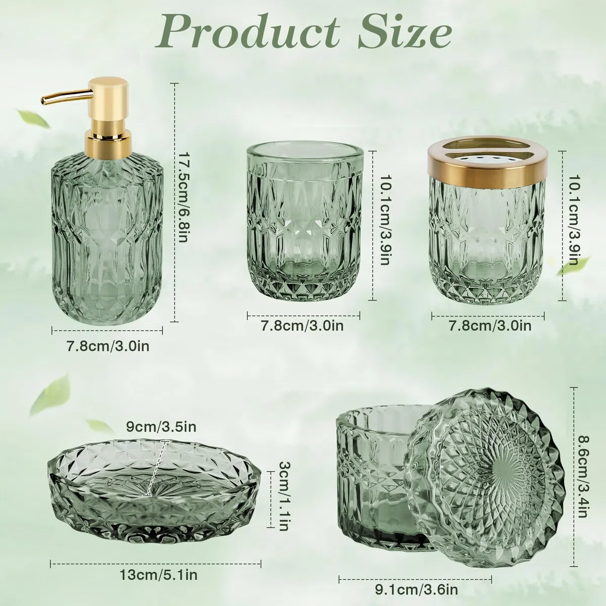 Set di 5 Accessori da Bagno in Vetro, Accessori da Bagno con Dispenser per Lozioni, Portasapone, Portaspazzolino, Tazza di Vetro, Barattolo di Cotton Fioc, Decorazione Moderna per Il Bagno