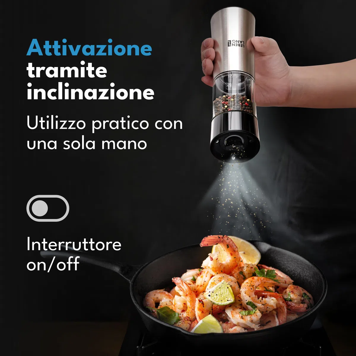 LEBENLANG Macina sale e pepe elettrico - Sensore di inclinazione e ricaricabile I Macinapepe automatico & elettrica I Trita saliera e pepiera Macinasale peperoncino elettrico