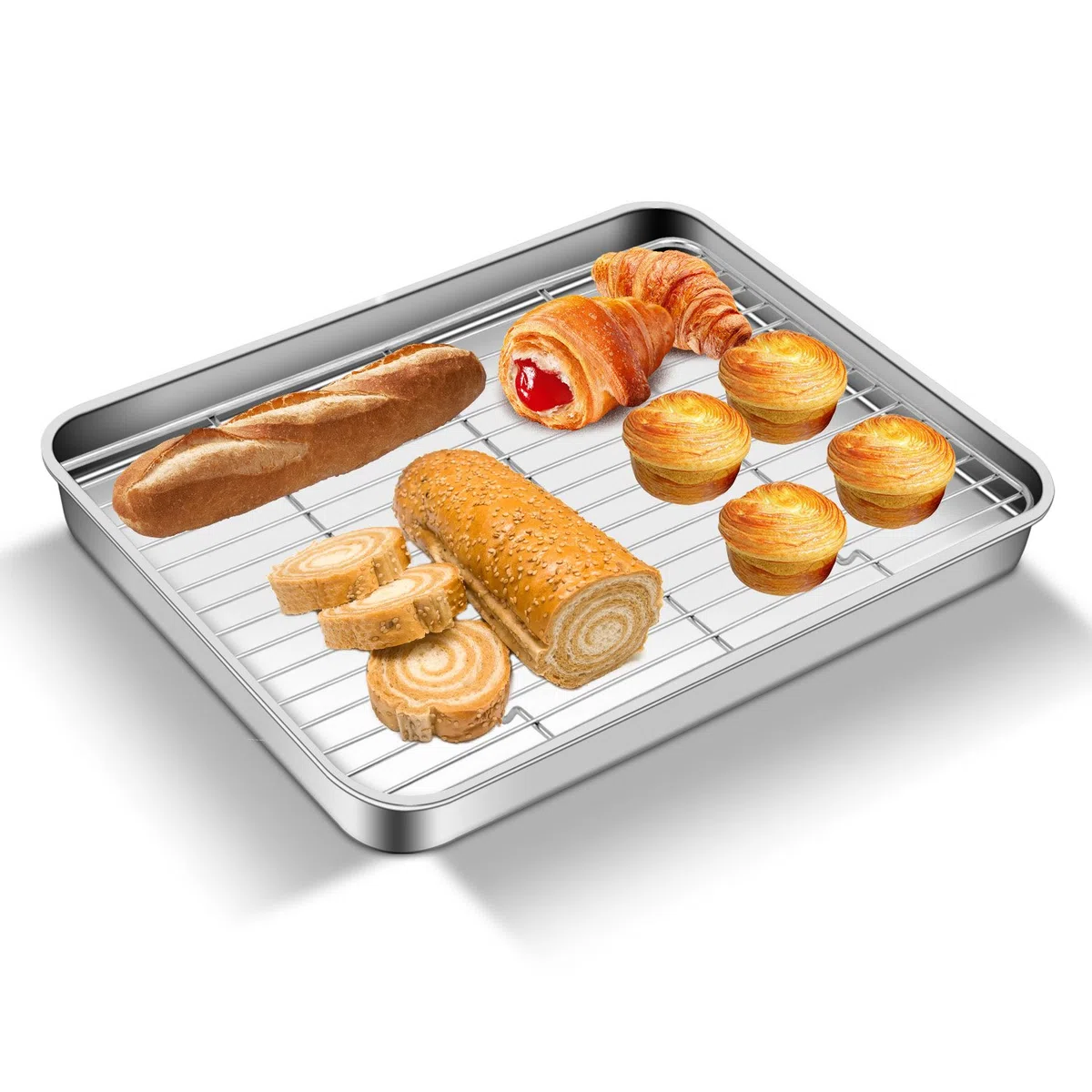 Teglia da Forno con Griglia di Raffreddamento in Acciaio Inox, Teglie per Pizza Antiaderente Teglia Rettangolare per Pane, Biscotti, Pizza e Torte, 40,5 x 30,5 x 2.5 cm (1+1)