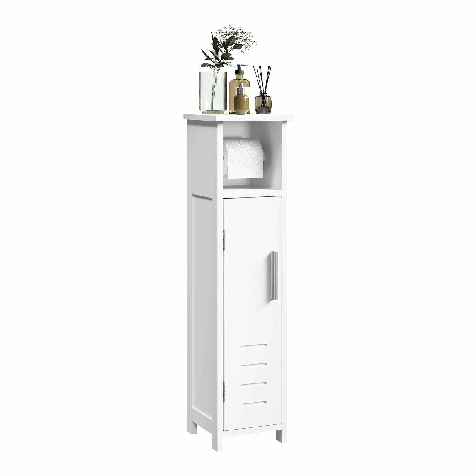 EUGAD Porta Carta Igienica da Terra, Mobile a Colonna, Mobiletto da Bagno Salvaspazio Stretto con Anta, Portarotolo Carta Igienica Bianco, in Legno, 18x18x71 cm