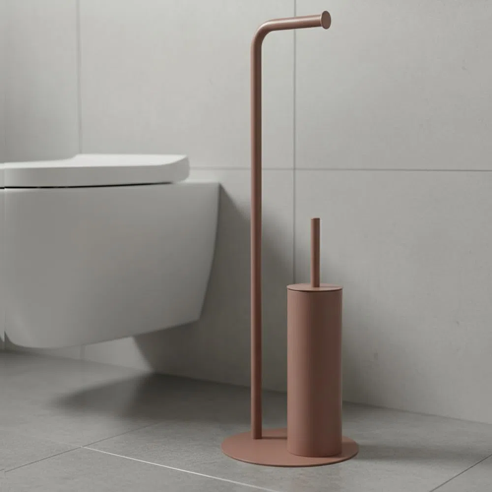 Piantana Bagno Portarotolo E Portascopino Taki In Acciaio Mocha - 22x22x67,2 Cm - Finitura Opaca Con Contenitore Removibile
