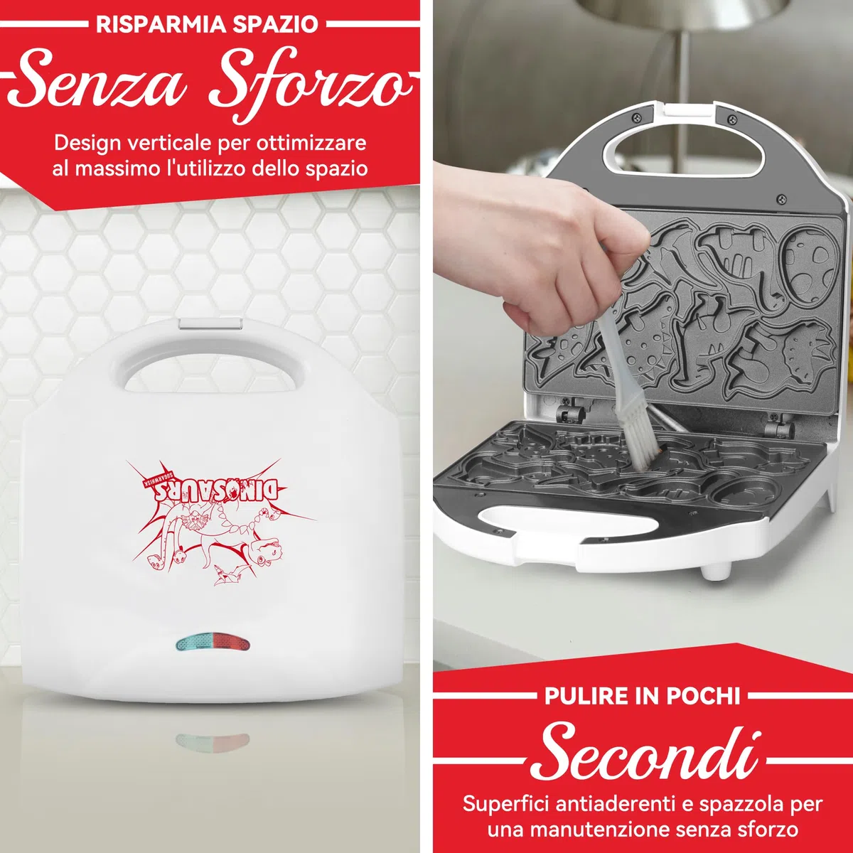 SugarWhisk Mini Piastra Waffle, Piastra Per Waffle, Mini Waffle Maker Con 8 Motivi Di Dinosauri, Amato Dai Bambini, Bianco