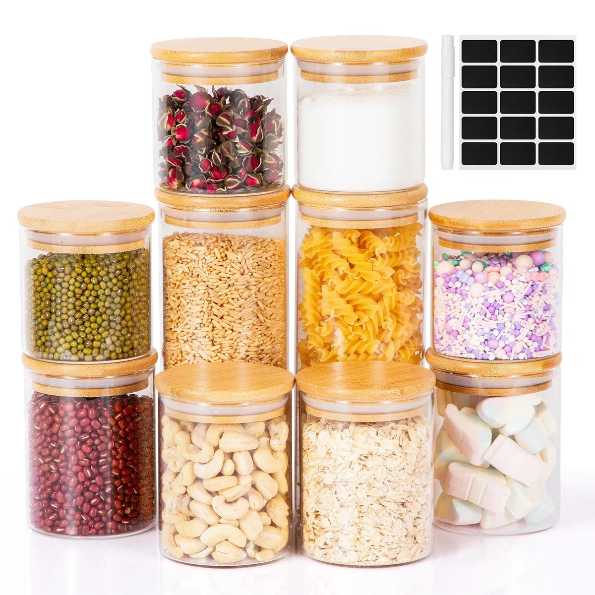 Cinnani Set di 10 Barattoli Vetro con Coperchio,Ermetici,Barattoli da Cucina in Vetro con Coperchio,Contenitori per Alimenti con coperchio di Bambù,barattoli Cucina vetro per Biscotti,Pasta,Cereali