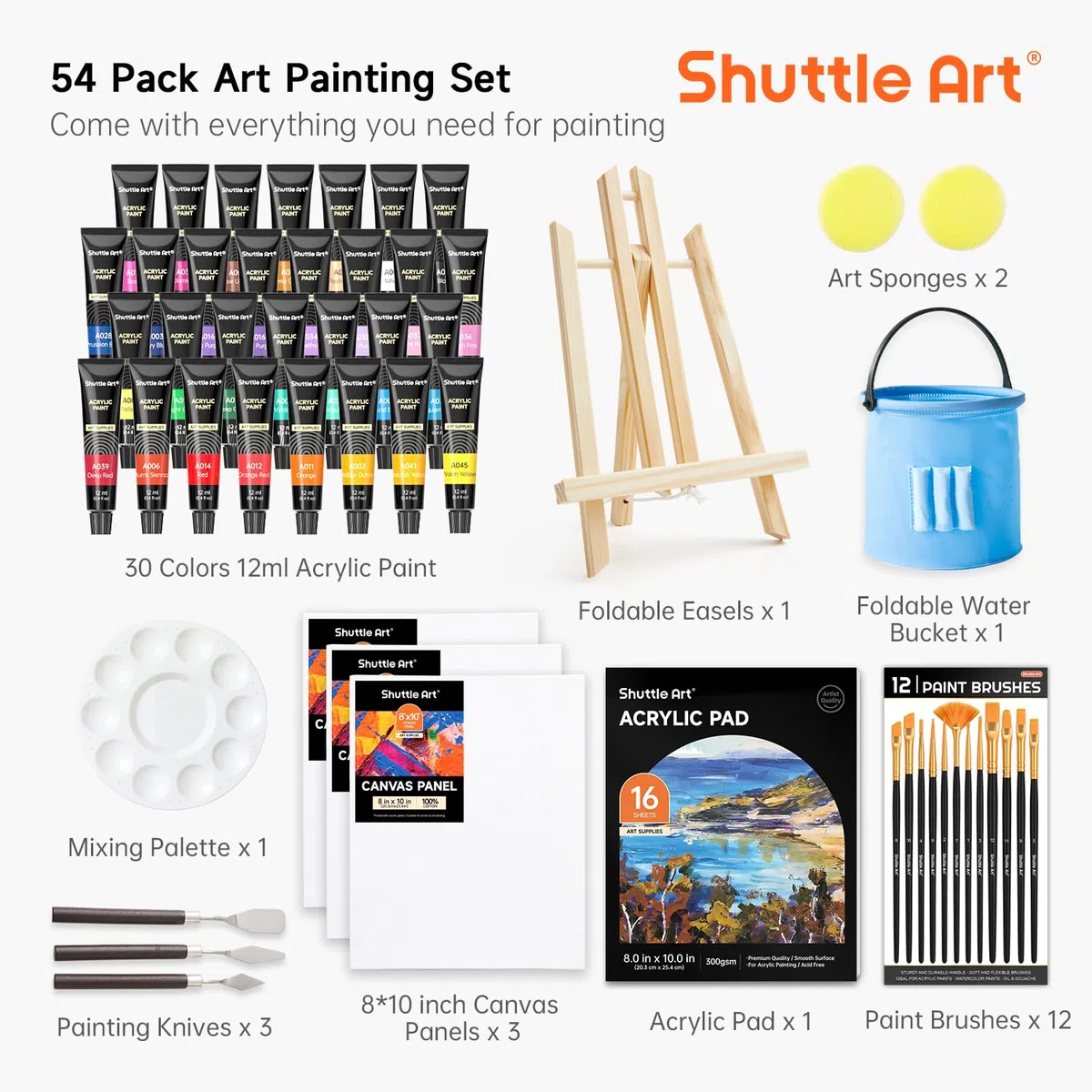 Shuttle Art Colori Acrilici per Dipingere 54 Pezzi, Set Pittura con 30 Colori, Cavalletto Pittura Legno, Tela, Pennelli, Tavolozza, Blocco da Disegno, Acrylic Paint per Bambini, Adulti Artisti