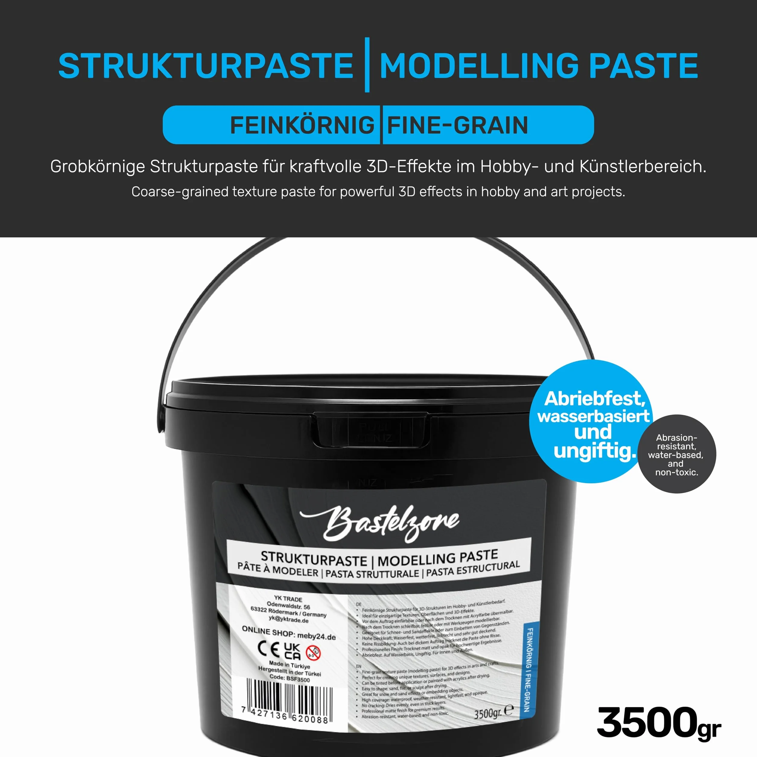 Pasta strutturale XXL Premium in secchio 3,5 kg – bianco – mastice & pasta modellante per pittura acrilica e tela – effetti 3D, texture e rilievi (a grana fine)