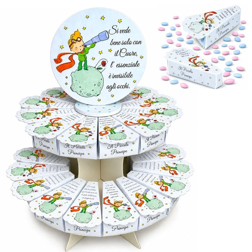 Regalami.Shop 30 Scatoline Portaconfetti Piccolo Principe per Battesimo, Comunione o Laurea, Complete di Bigliettino e Espositore Torta, Bomboniere per Confetti e Ricordini Evento (Piccolo p)